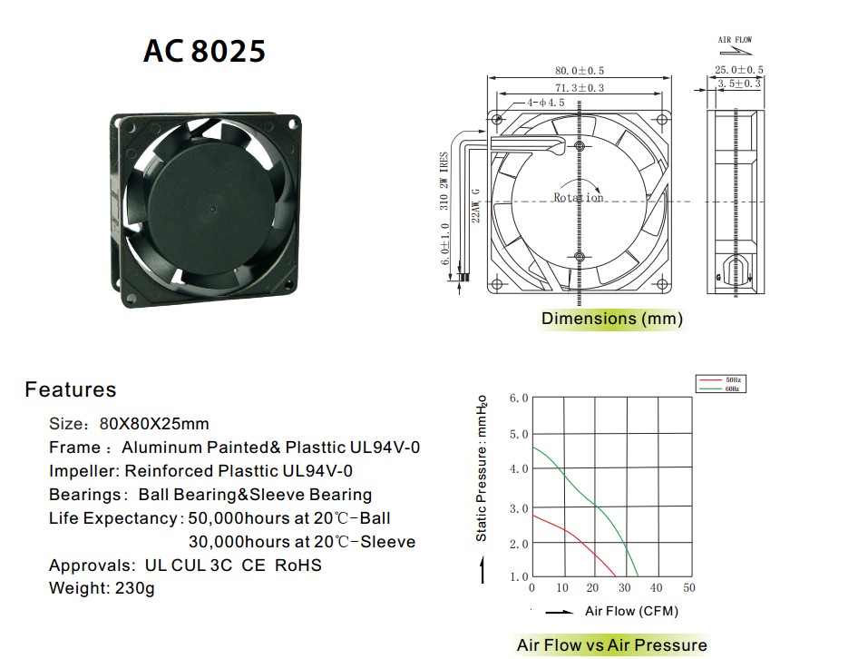 交流散热风扇AF8025(80*80*25mm)