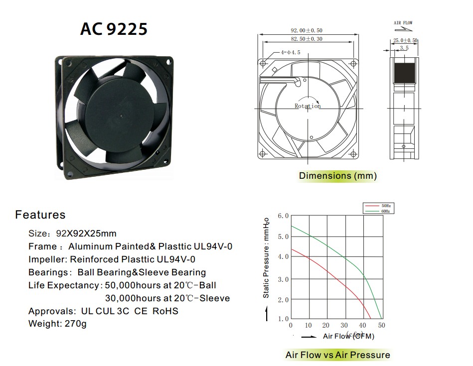 交流散热风扇AF9225(92*92*25mm)