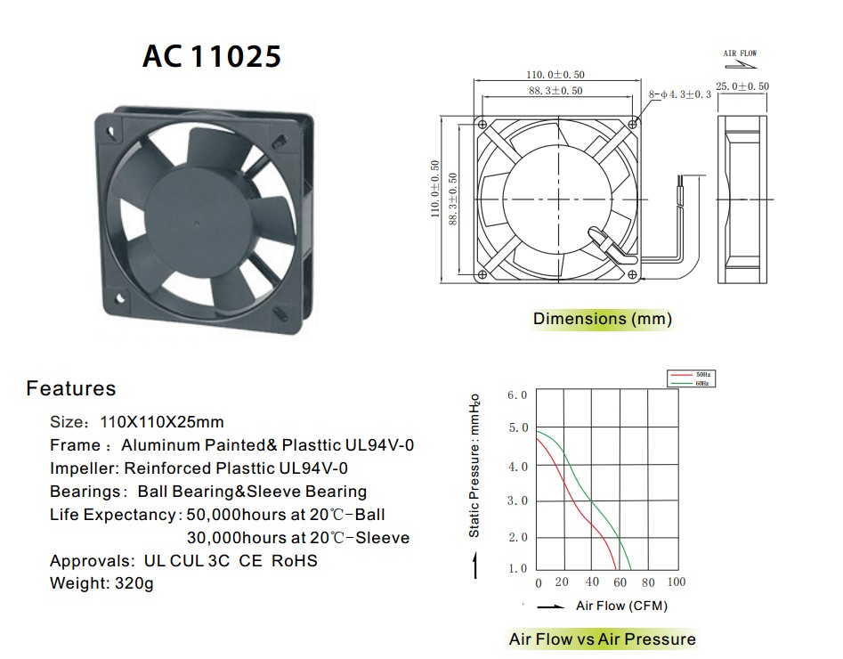 交流散热风扇AF11025(110*110*25mm)